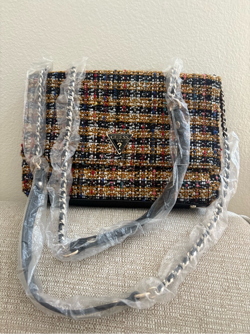 GUESS Tweed Crossbody Bag in Black, Gold & Multicolor